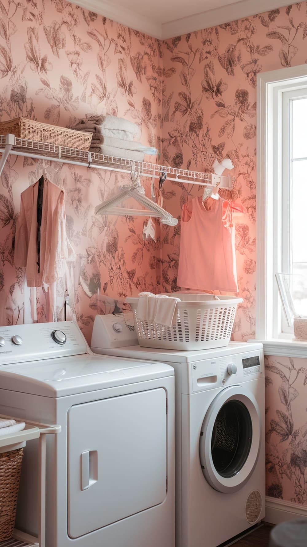 Laundry room with soft pink floral wallpaper and white appliances
