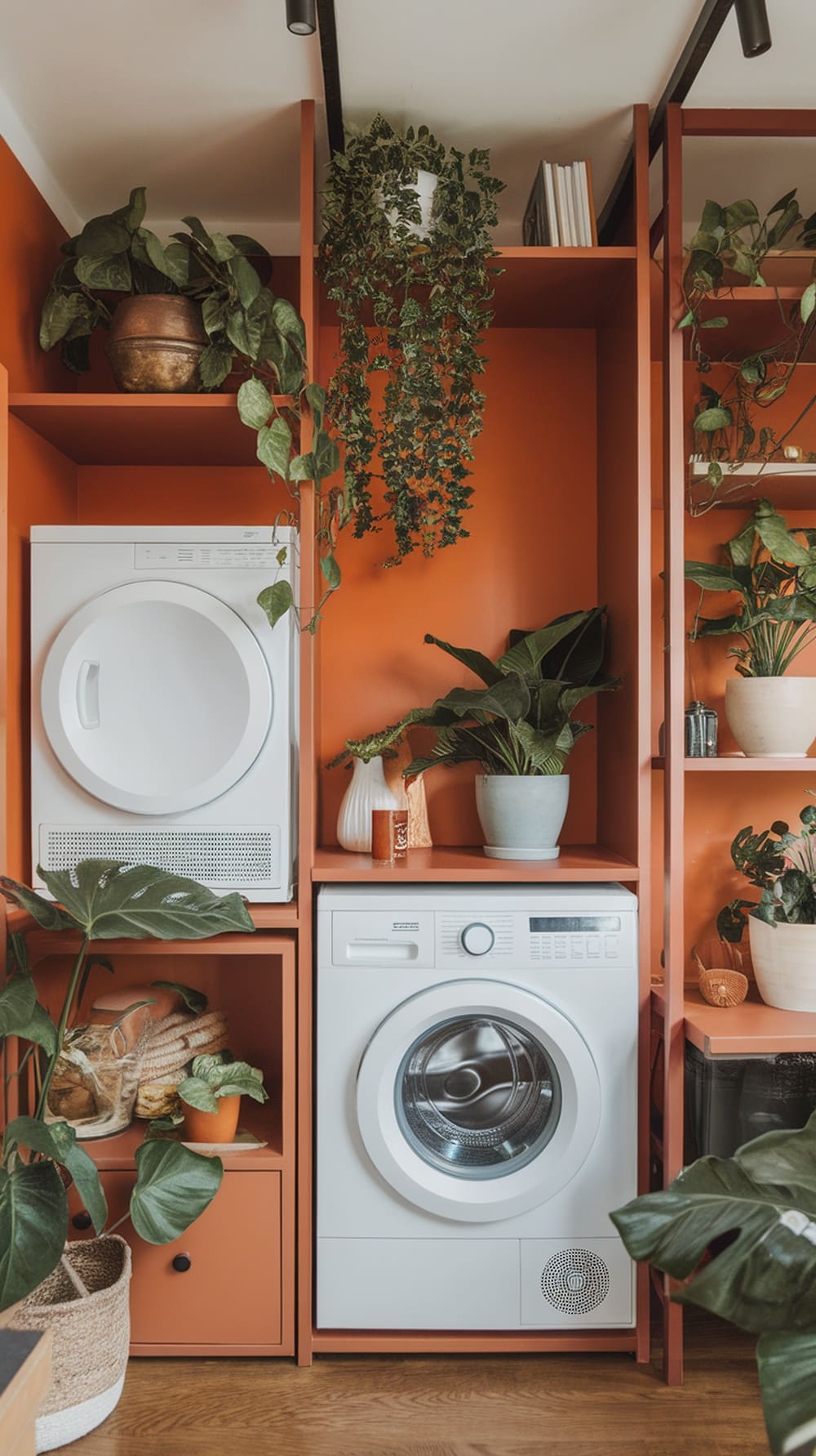 A vibrant orange laundry room featuring white appliances and various plants.