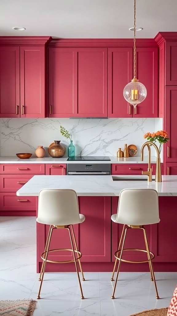 A modern kitchen featuring dark pink cabinets and marble countertops with stylish bar stools.