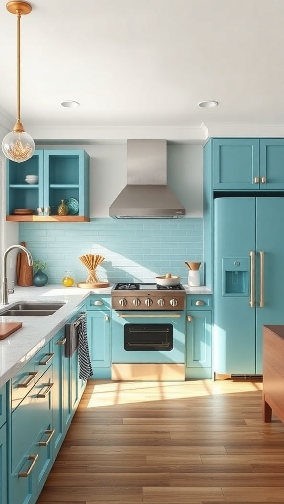 A modern kitchen featuring teal cabinets and appliances, with wooden flooring and a bright atmosphere.