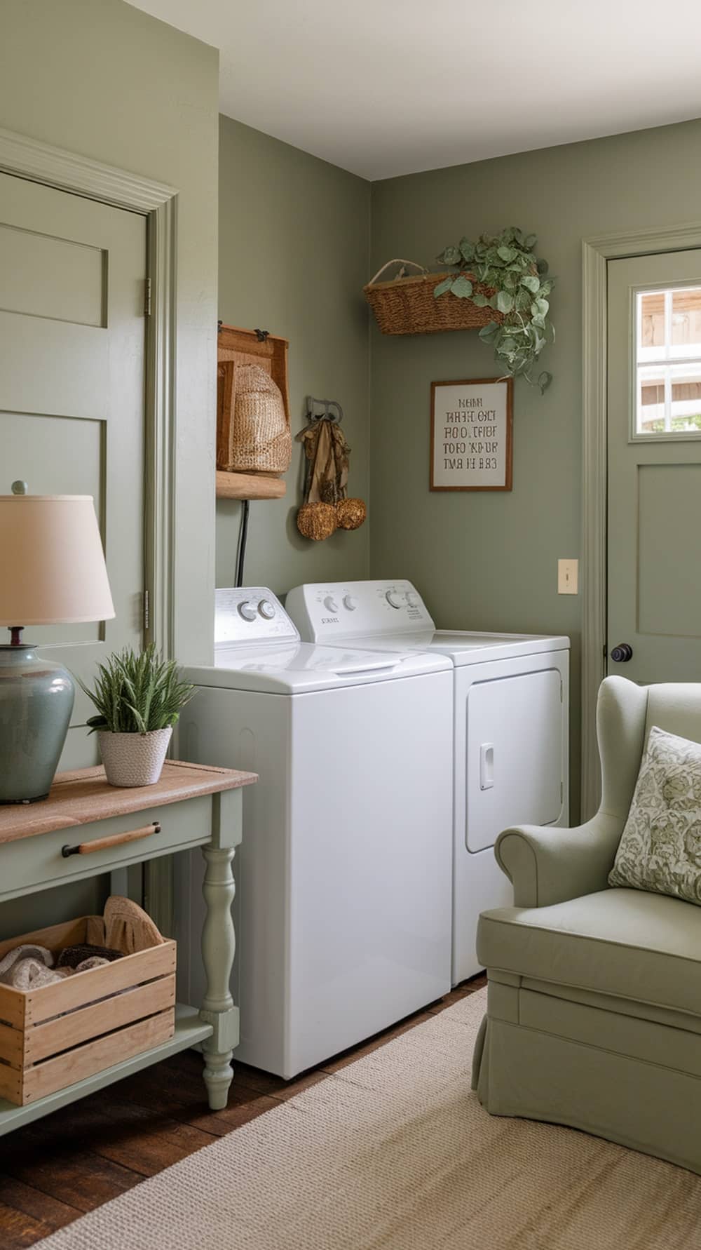 Cozy laundry corner featuring sage green walls, white appliances, and natural decor elements.