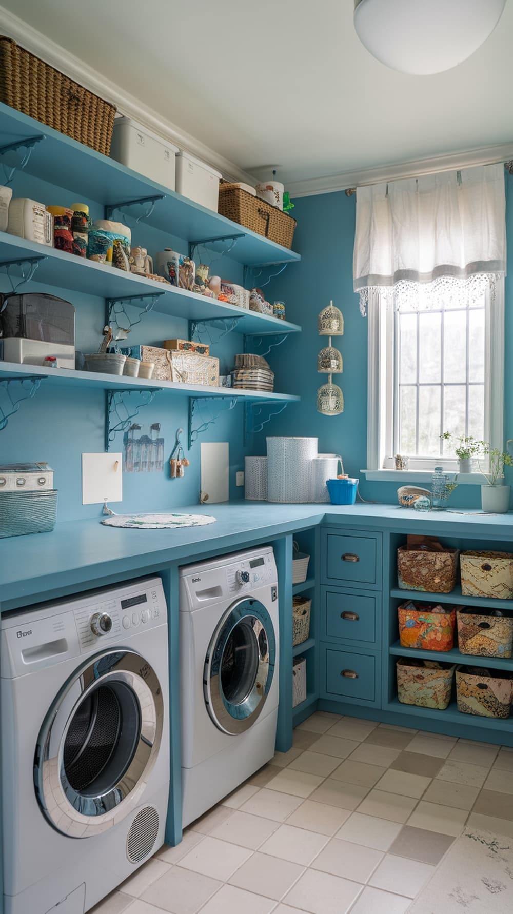 A stylish peacock blue laundry room featuring organized shelves, a countertop for folding, and modern appliances.