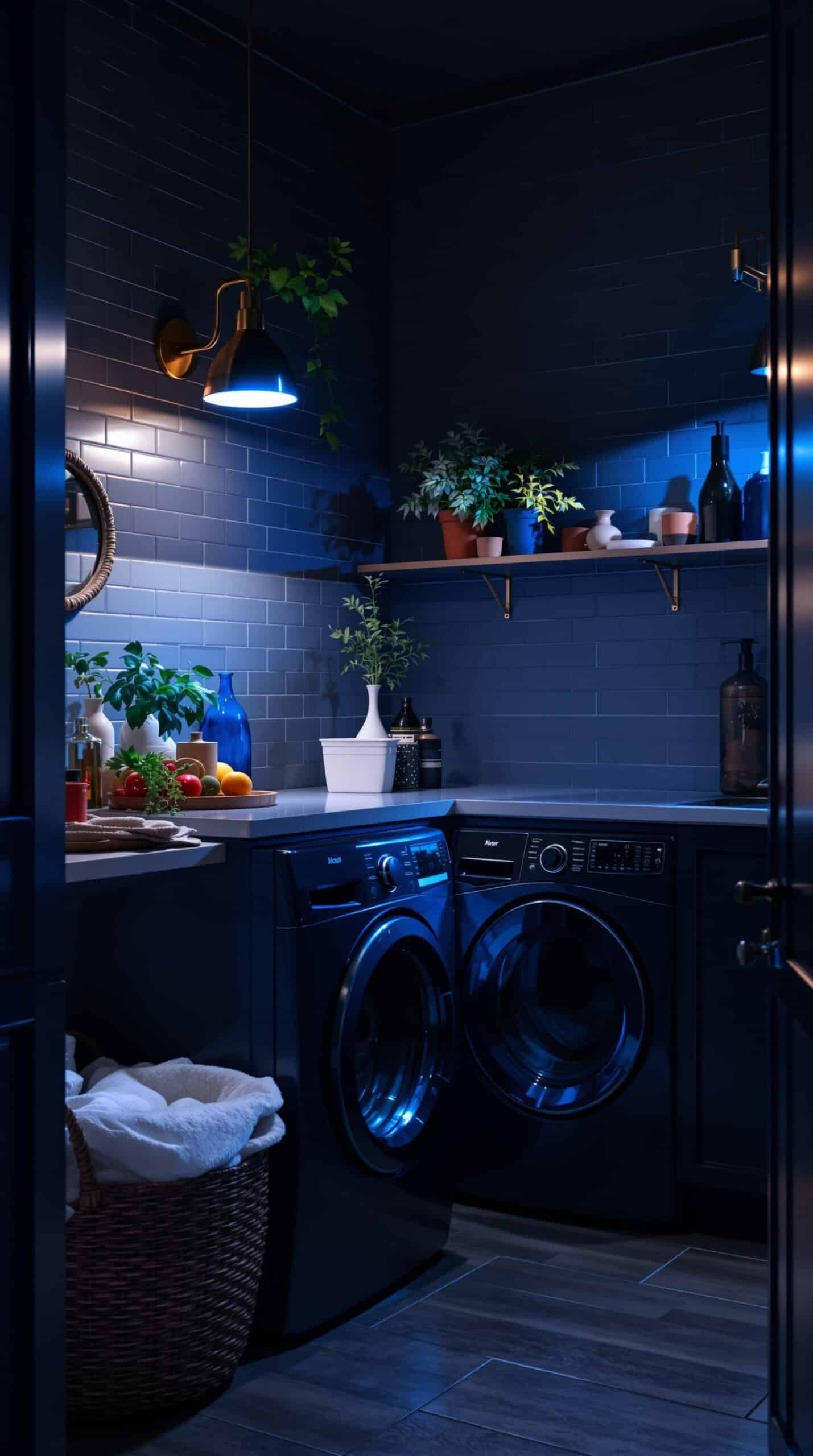 Stylish laundry room with indigo lighting fixtures and decor