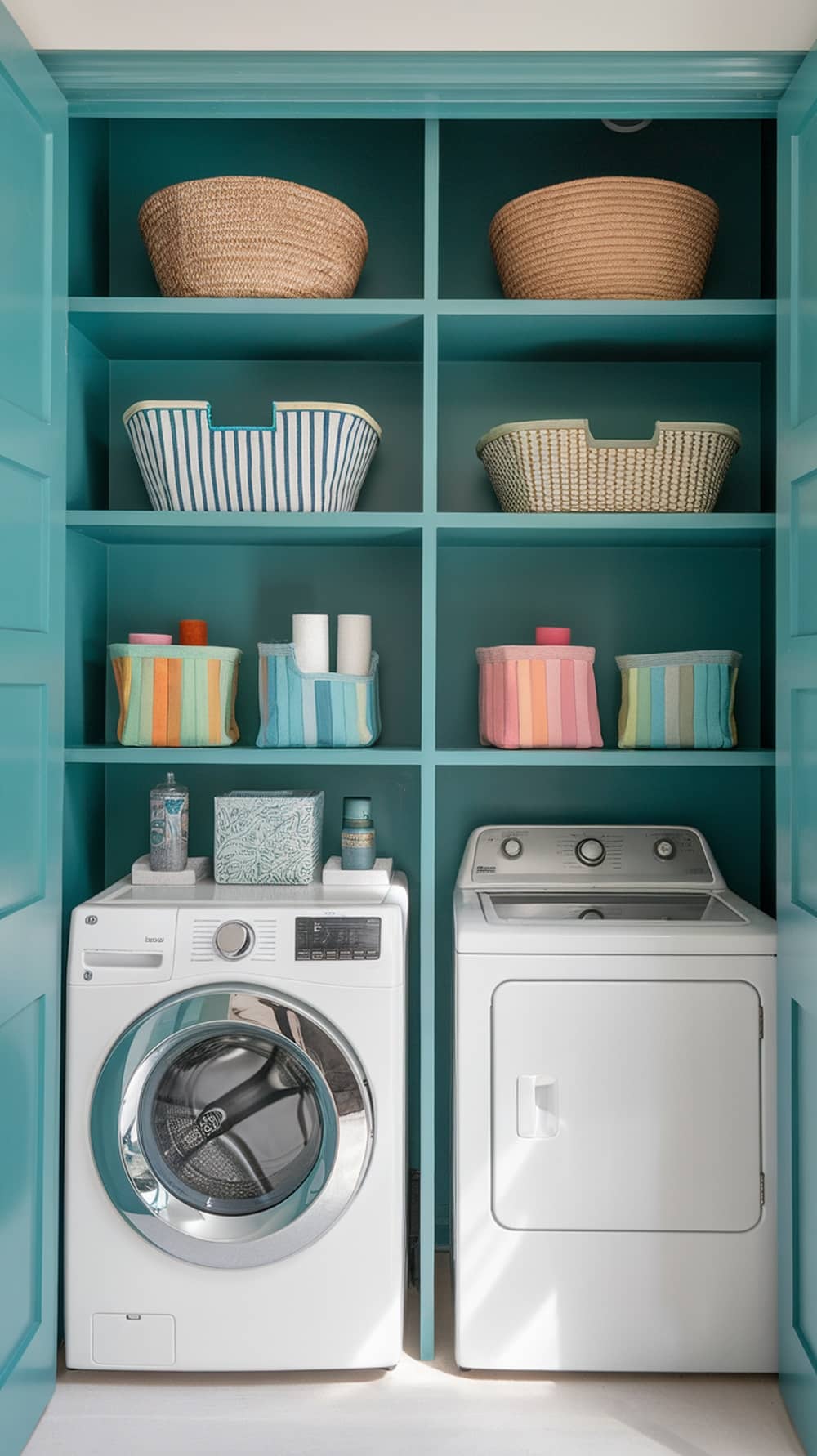 Teal shelving with decorative baskets in a laundry room