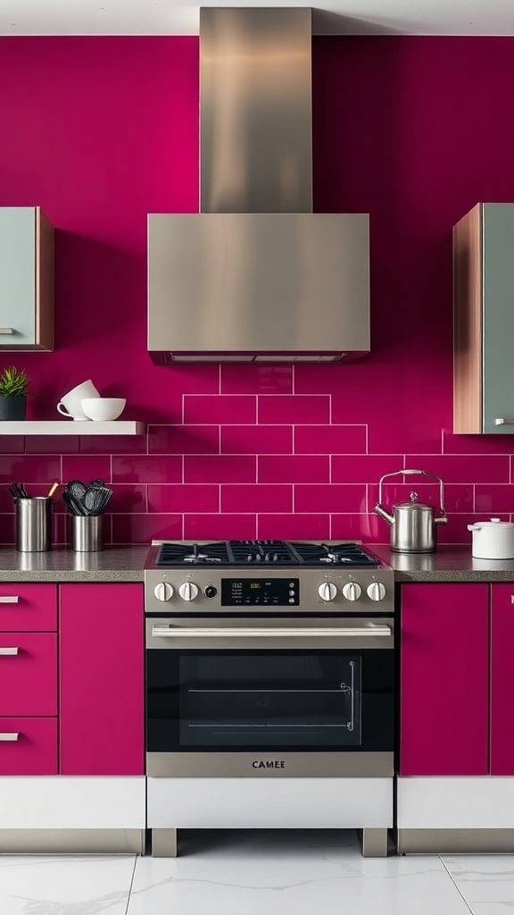A modern kitchen featuring a dark pink backsplash with stainless steel appliances.