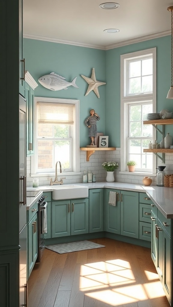 A coastal kitchen with teal walls, wooden flooring, and nautical decor.