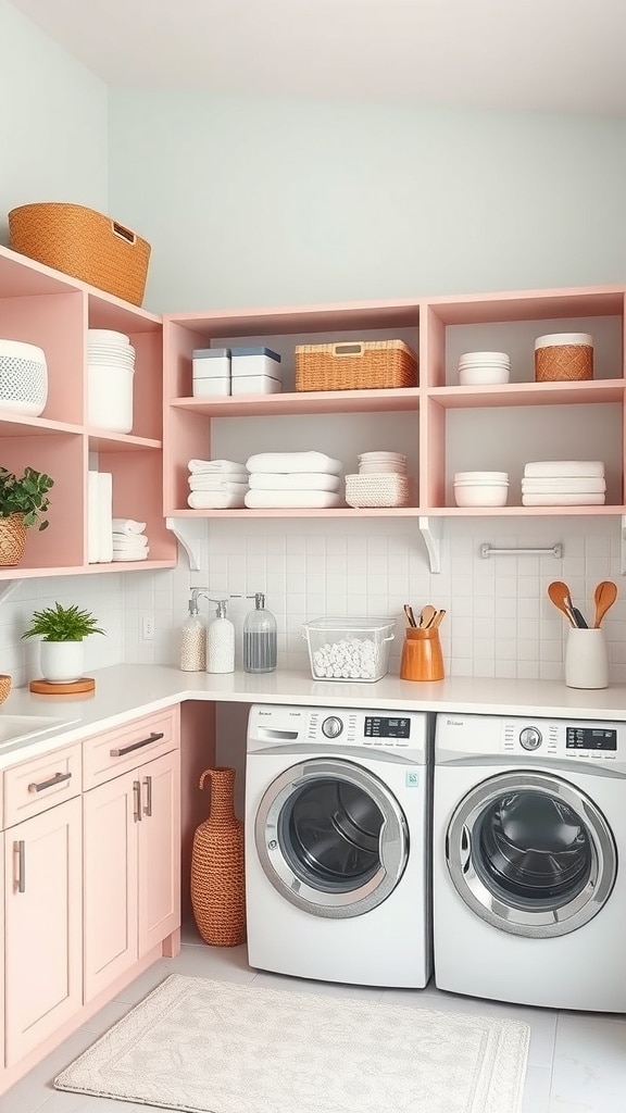 A laundry room featuring blush pink shelving units with neatly organized storage baskets and containers.