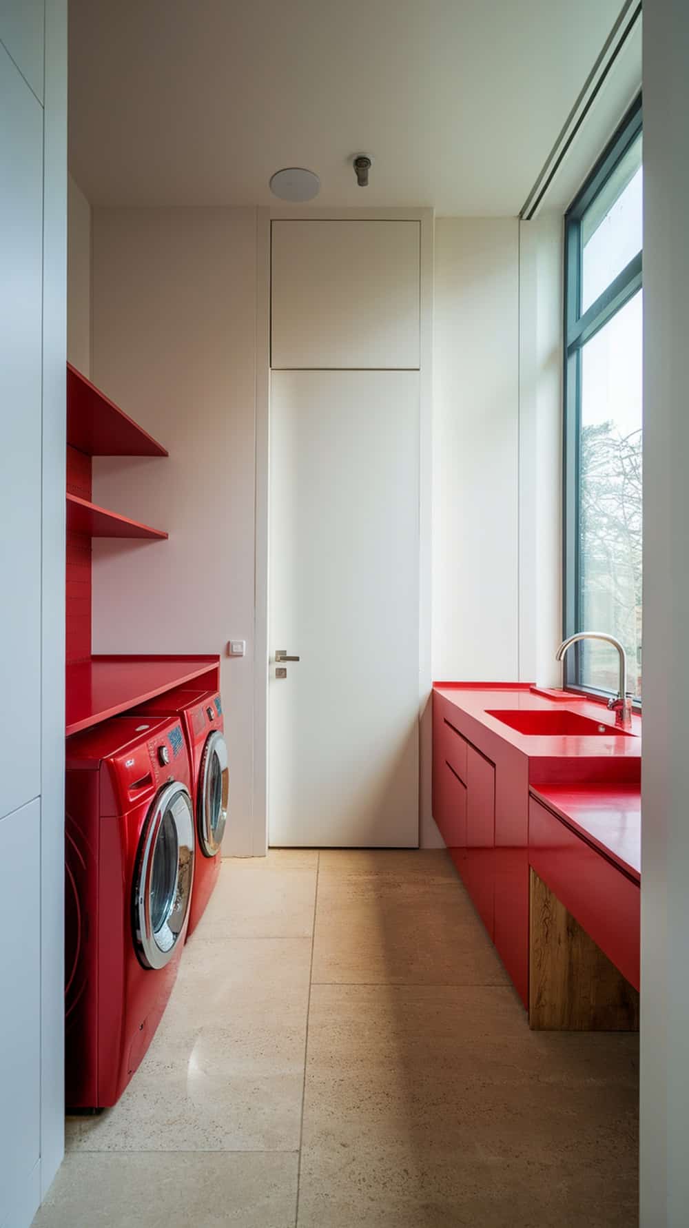 A modern laundry room featuring red appliances, red countertops, and minimalist design.