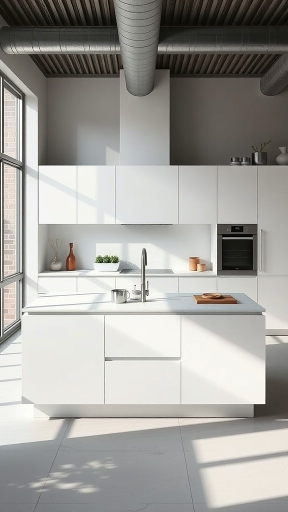 A minimalist white kitchen featuring a sleek kitchen island with a sink and natural light.