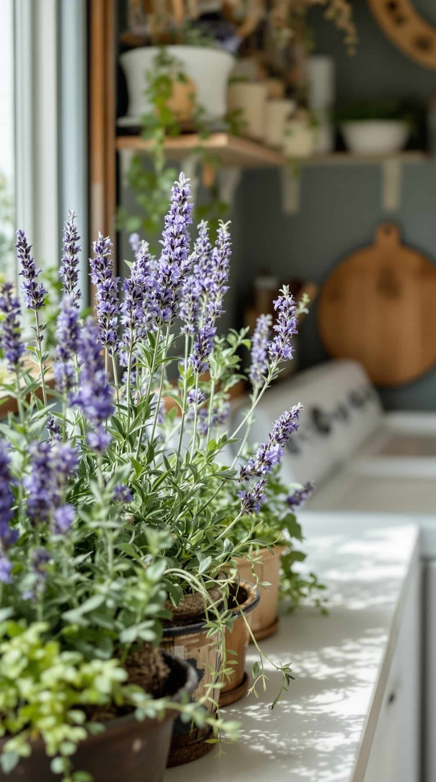 Indoor herb garden featuring lavender and other plants in a cozy laundry room setting.