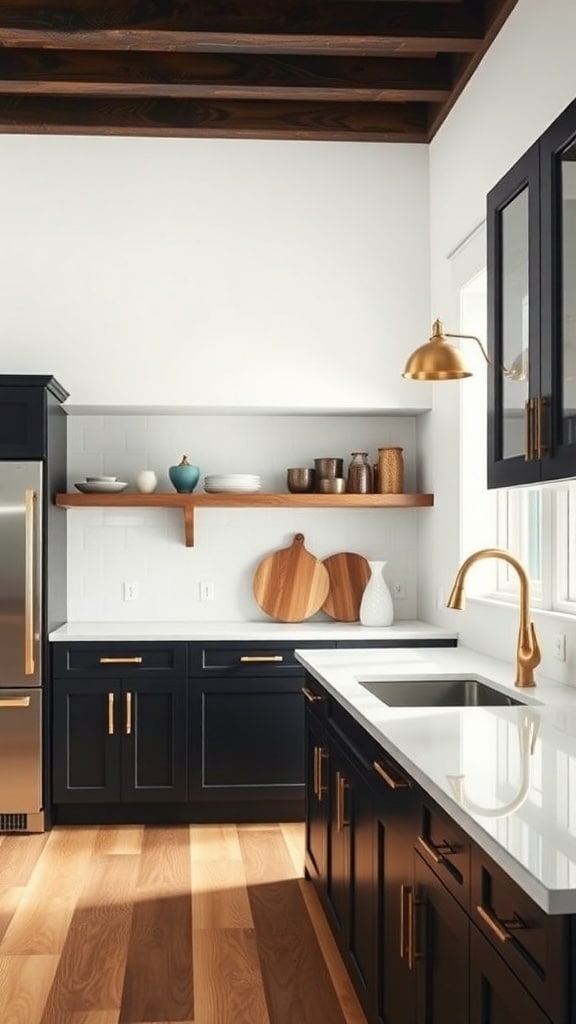A modern kitchen featuring bold black cabinetry, gold hardware, and natural wood accents.