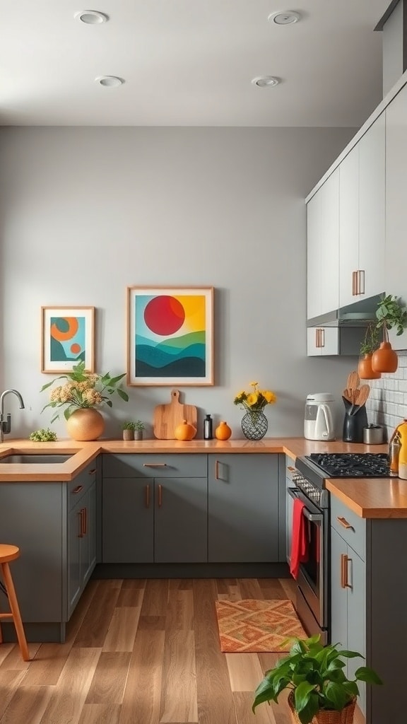 Modern kitchen with soft gray walls and bold artwork