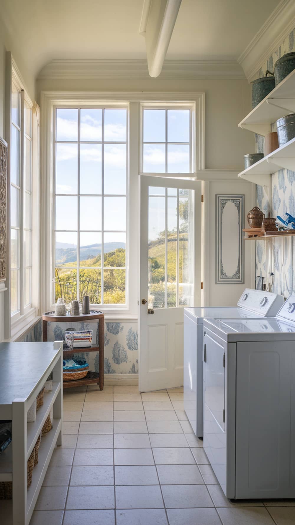 Bright laundry room with large windows and a scenic view of nature.