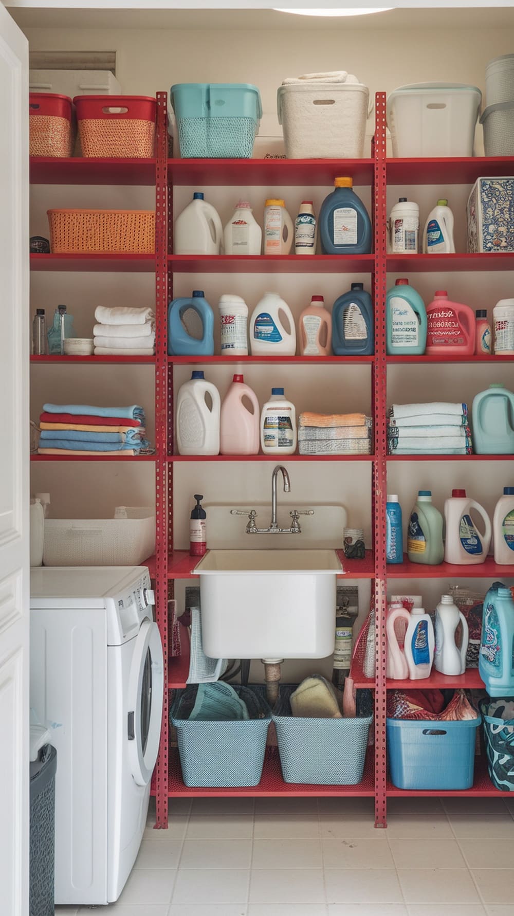 A bright red shelving unit filled with laundry supplies, organized baskets, and towels in a laundry room.