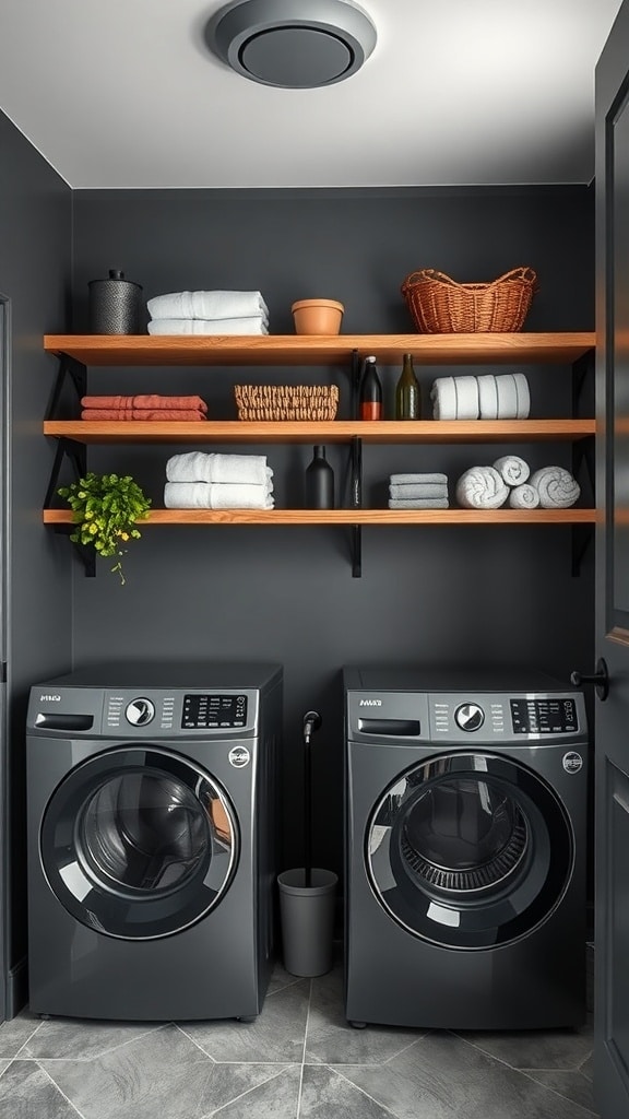 A modern laundry room with charcoal gray walls, featuring open wooden shelves displaying neatly stacked towels and decorative items, alongside two gray washing machines.