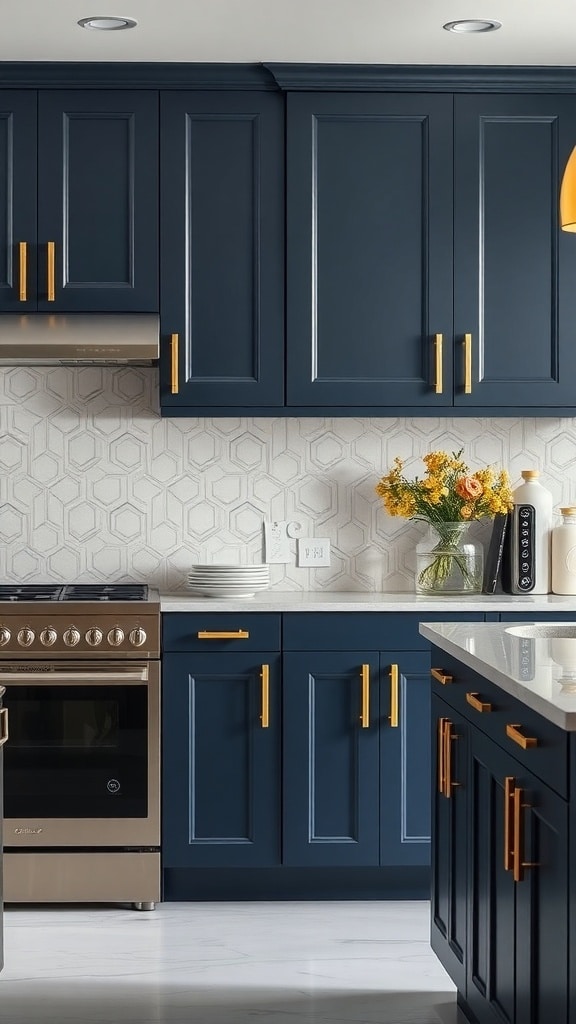 A modern kitchen featuring navy blue cabinets with gold accents, a geometric backsplash, and a light countertop.