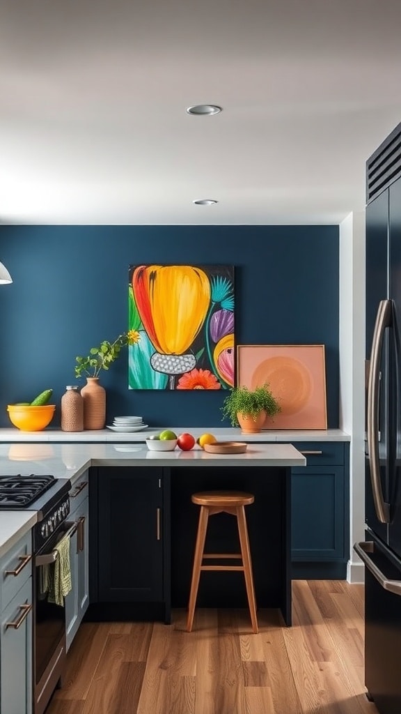 A navy blue kitchen with a colorful artwork, featuring wooden flooring and modern appliances.