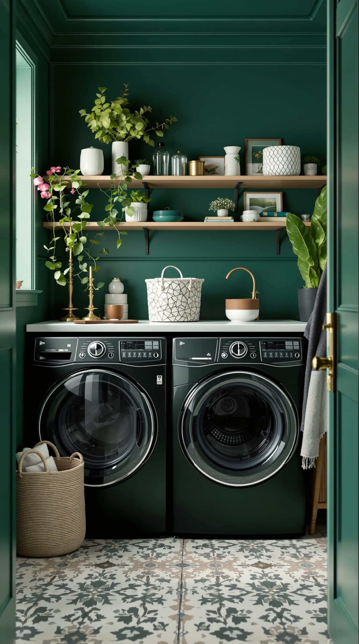A stylish emerald green laundry room with modern appliances and decorative elements.