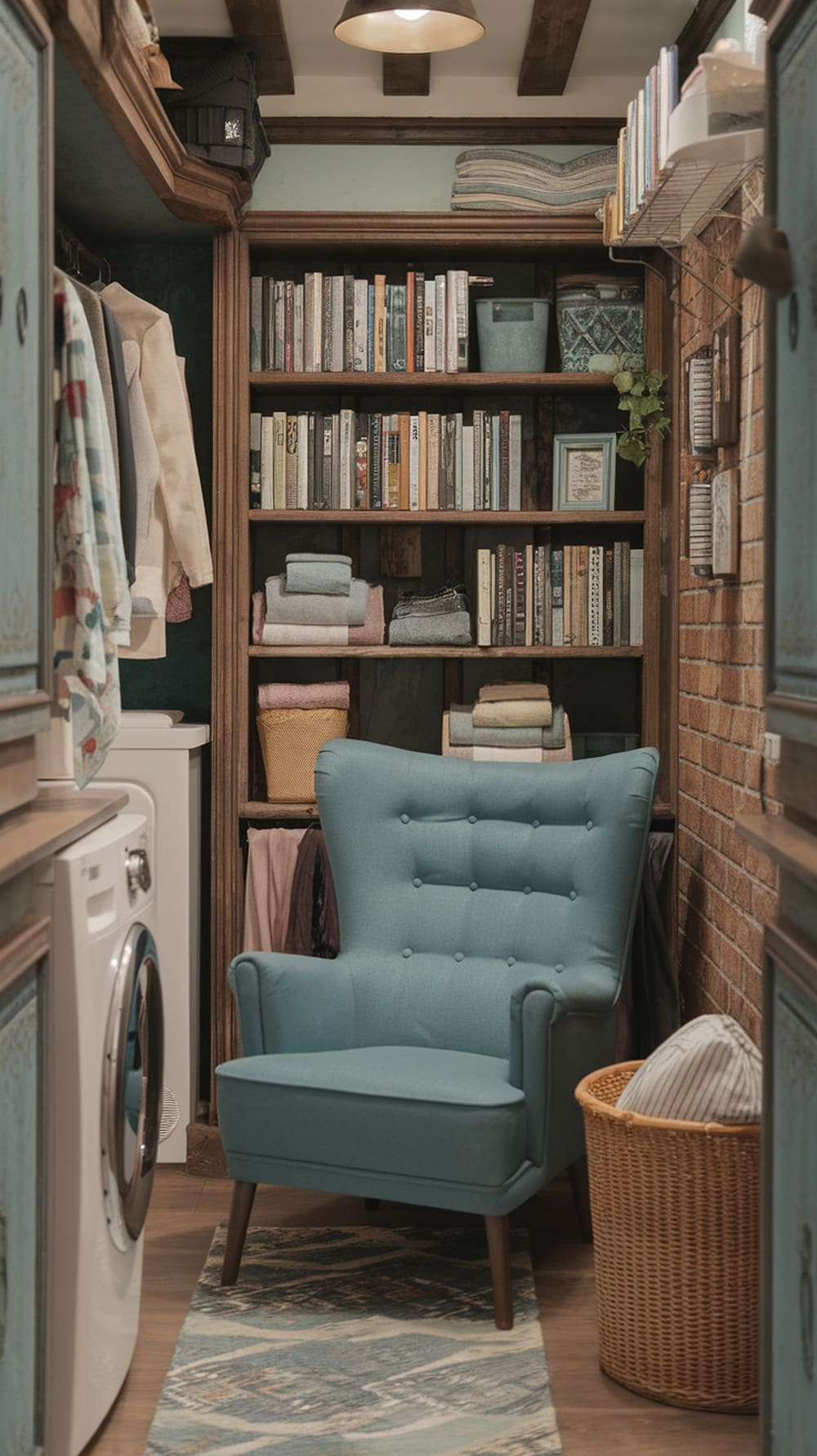 A cozy teal reading nook in a laundry room featuring a comfortable chair, bookshelves, and neatly organized laundry items.