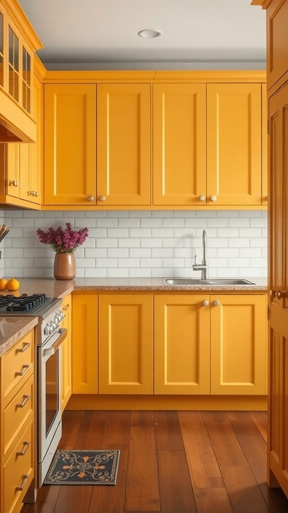A kitchen with ochre painted cabinetry, white subway tiles, and a wooden floor.