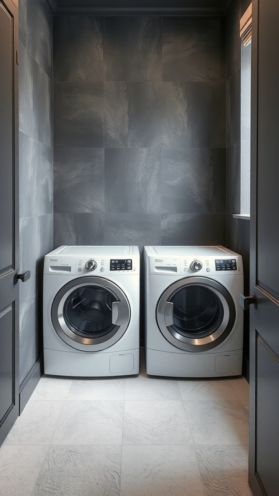 Laundry room featuring textured charcoal gray wall panels and white washing machines.