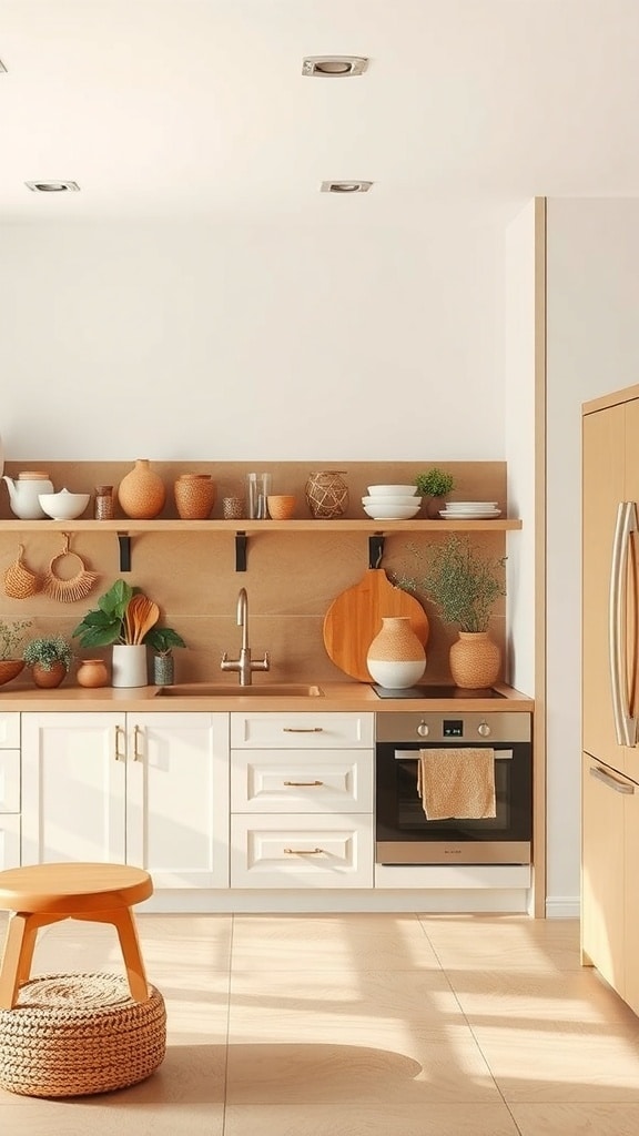 A modern kitchen featuring a caramel and cream color palette with wooden shelves, white cabinets, and terracotta pots.