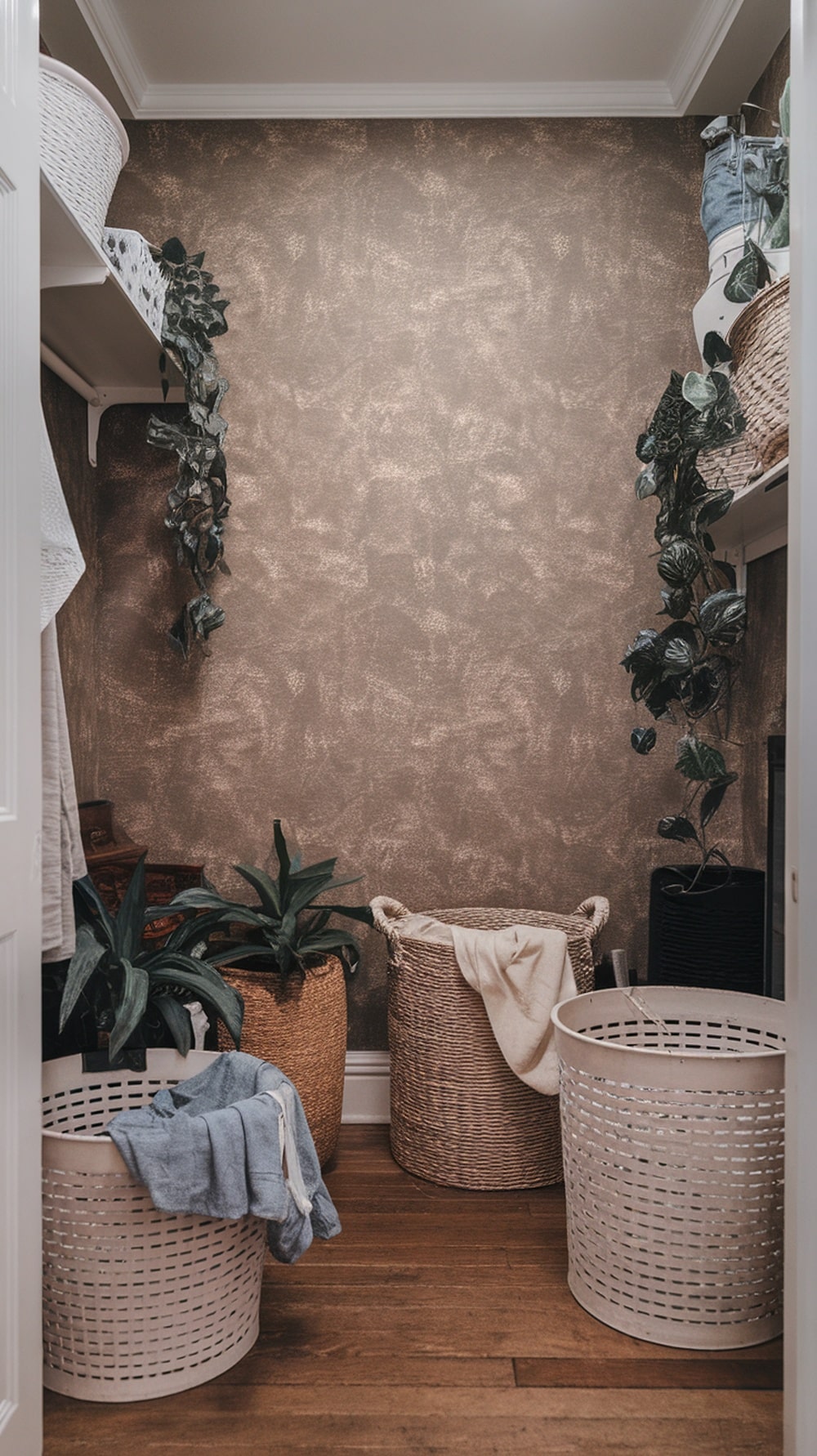 Laundry room with textured taupe wallpaper, woven baskets, and plants