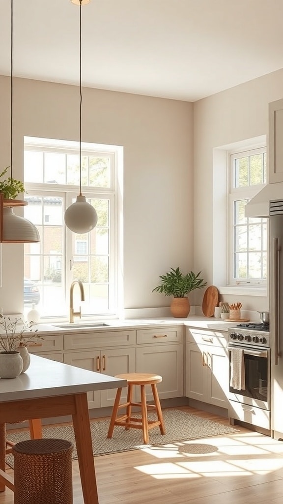 Bright taupe kitchen with natural light, wooden accents, and plants.
