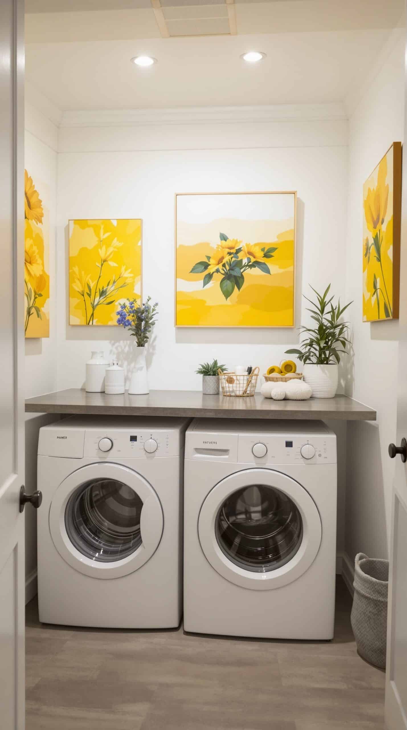 Laundry room with mustard yellow artwork and white appliances