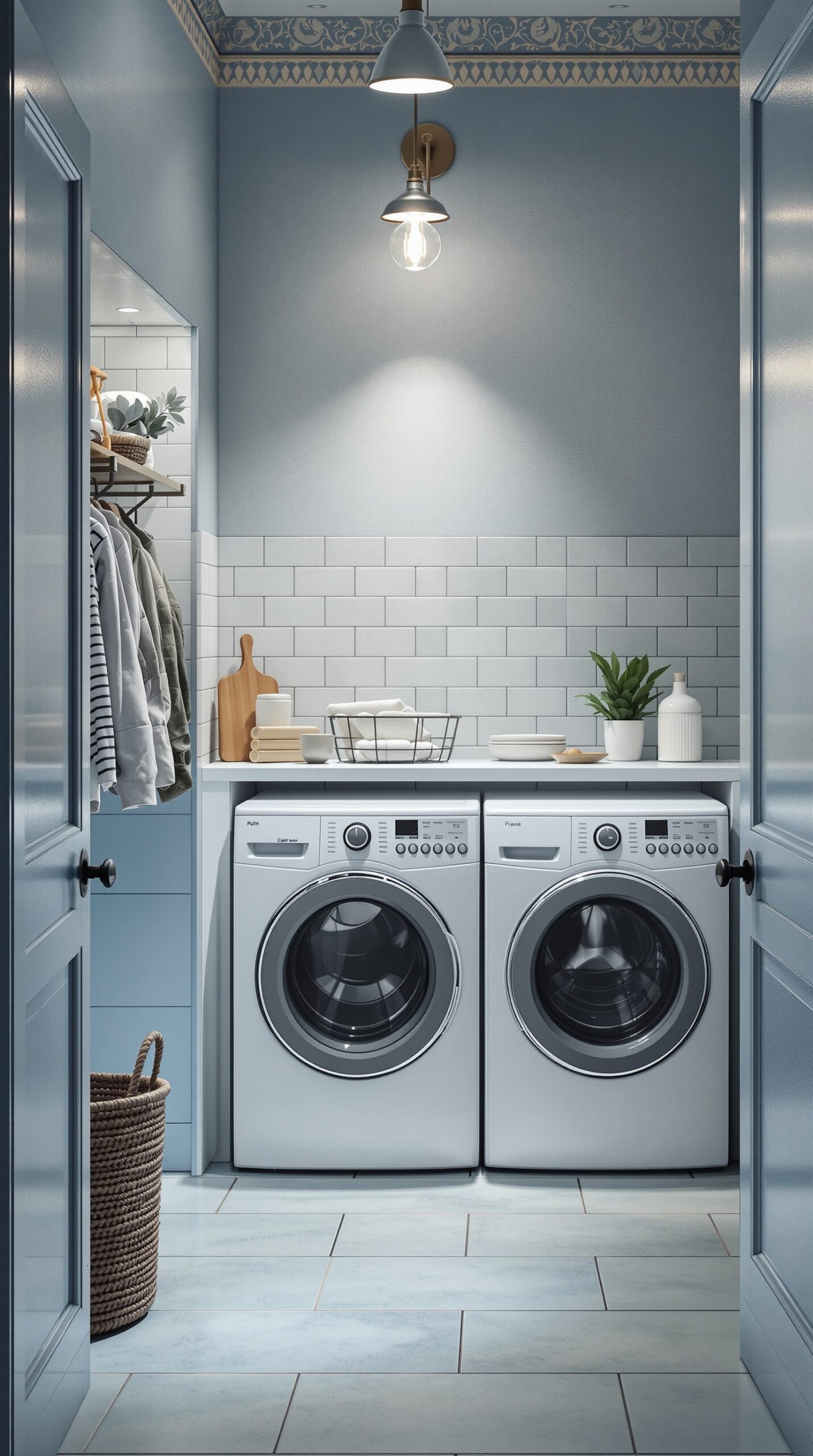 A bright and stylish laundry room featuring dusty blue walls and modern lighting fixtures.