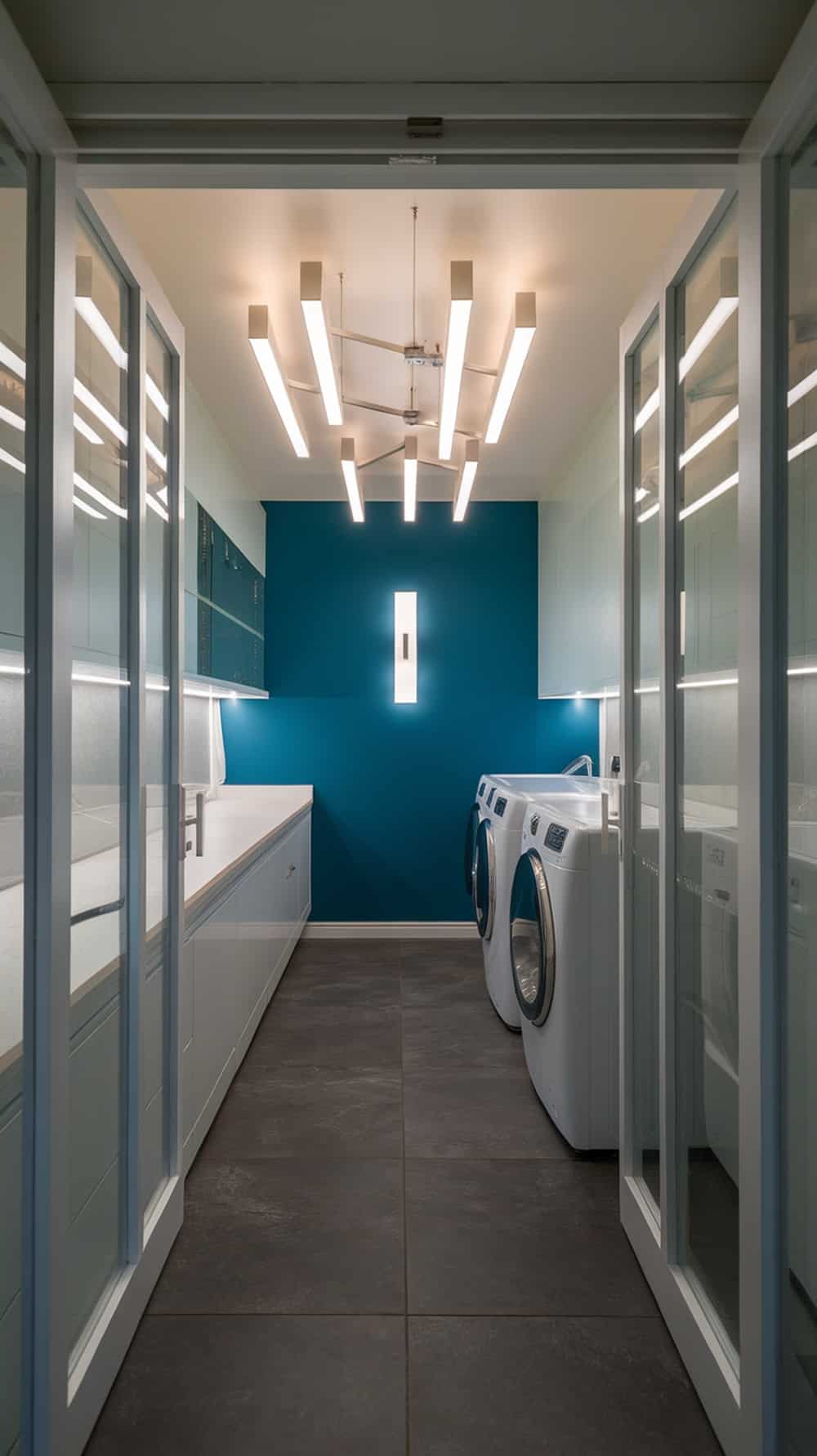 A modern laundry room featuring peacock blue walls and contemporary lighting designs.