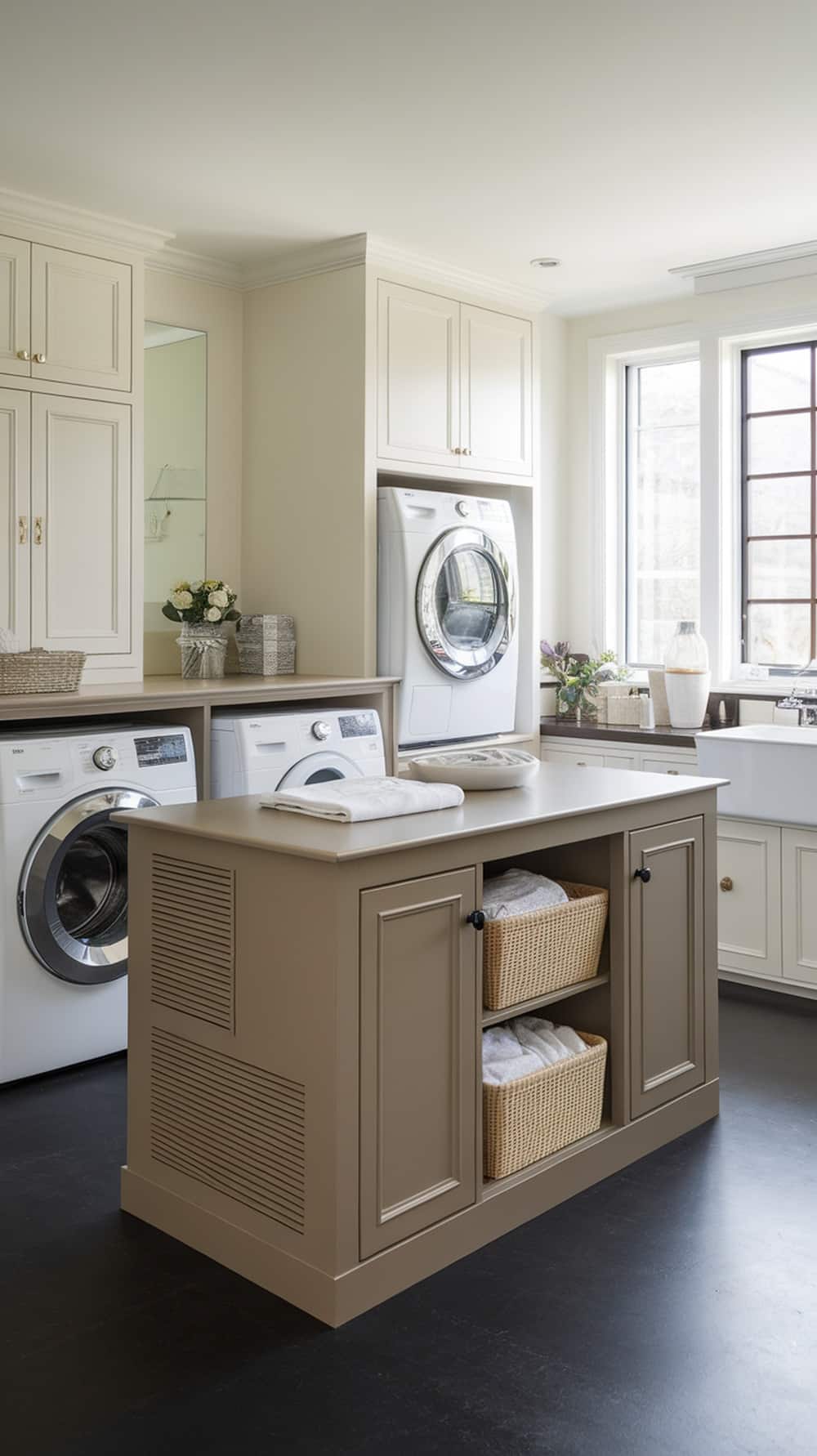 A taupe laundry island with storage baskets and modern appliances in a bright laundry room.