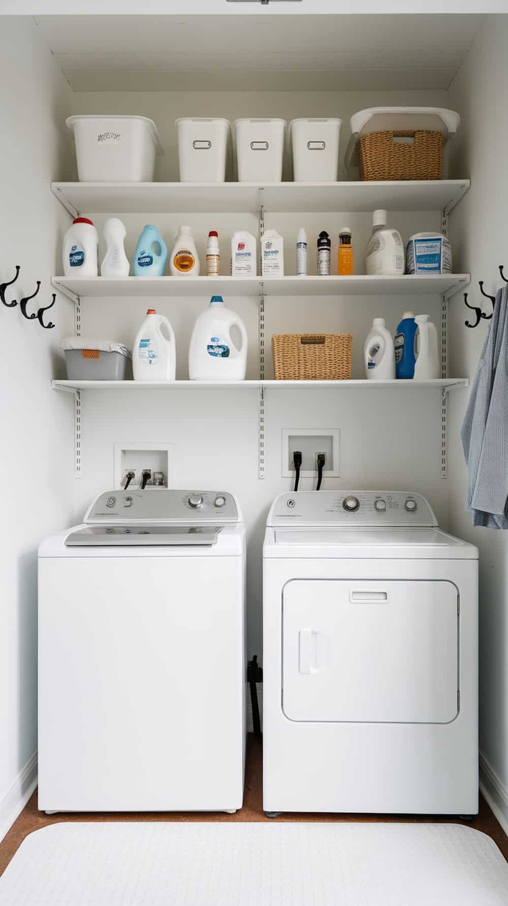 A minimalist laundry room with open shelving displaying neatly arranged laundry supplies.