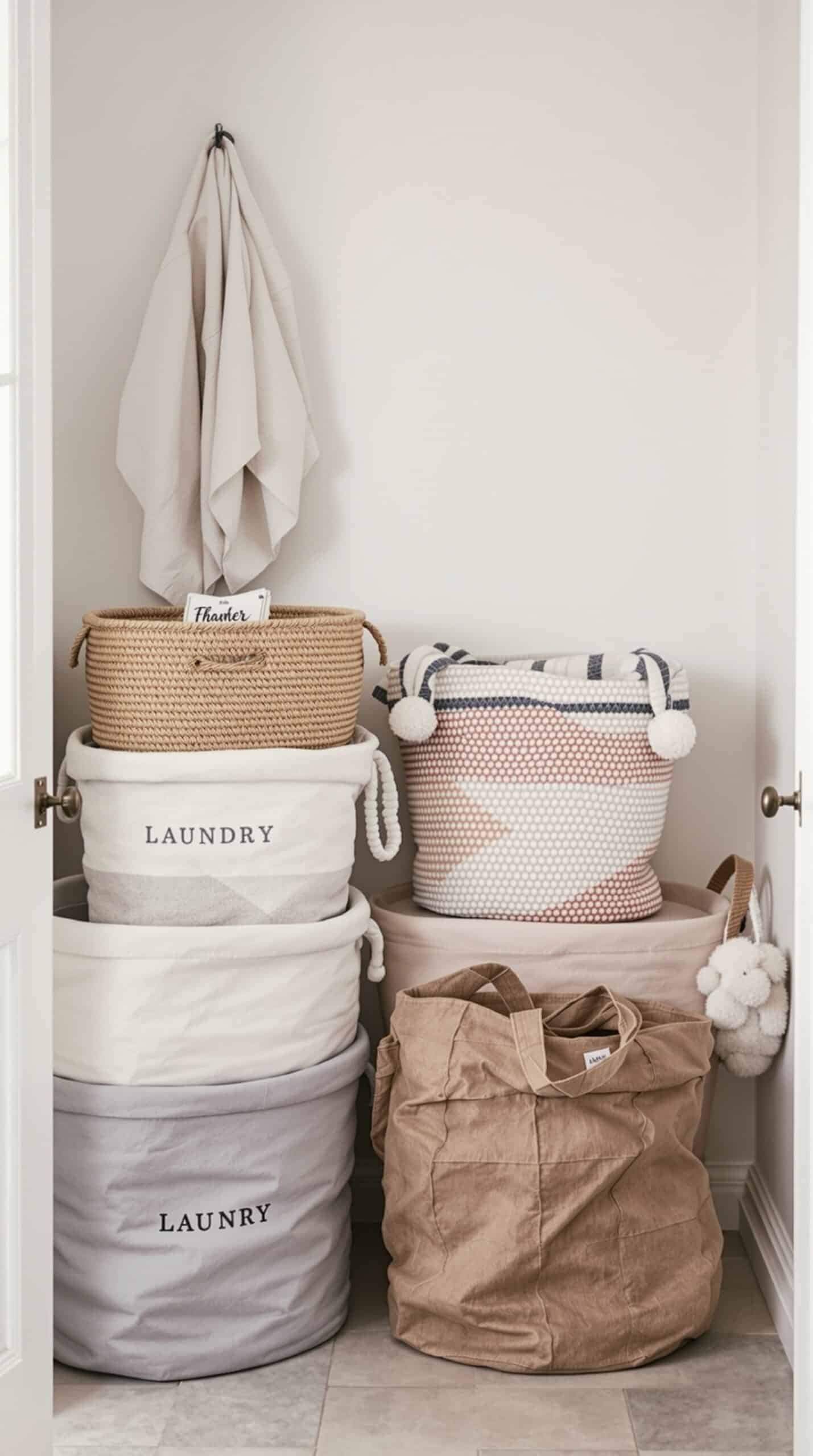A collection of stylish laundry baskets in a laundry room, featuring woven and fabric designs.