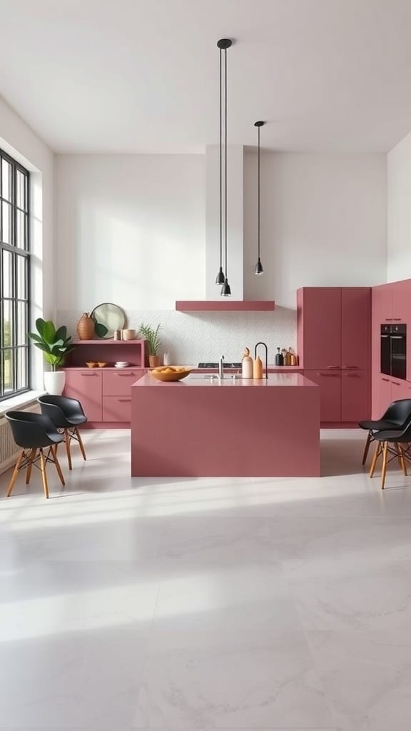 A modern kitchen featuring a dark pink island, light walls, and stylish black chairs.