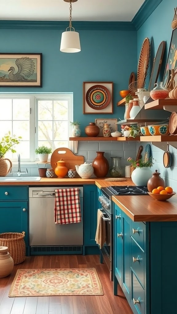 A cozy kitchen with peacock blue walls, wooden shelves filled with pottery, and colorful artwork.