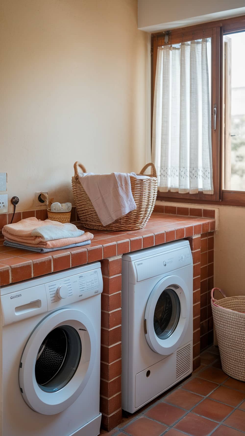 A laundry room featuring terracotta countertops with washing machines and baskets.