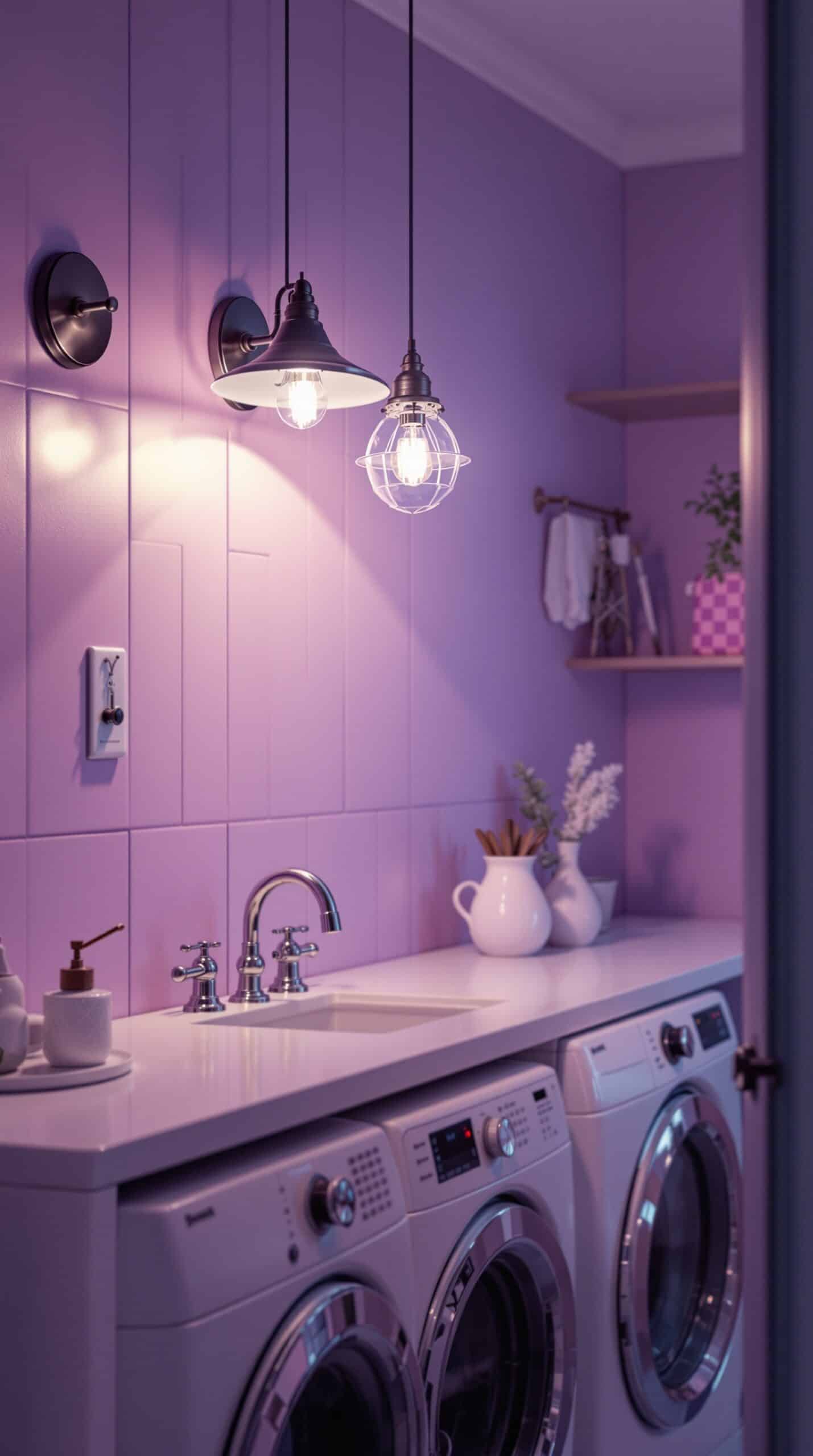 Vintage lighting fixtures in a lavender laundry room