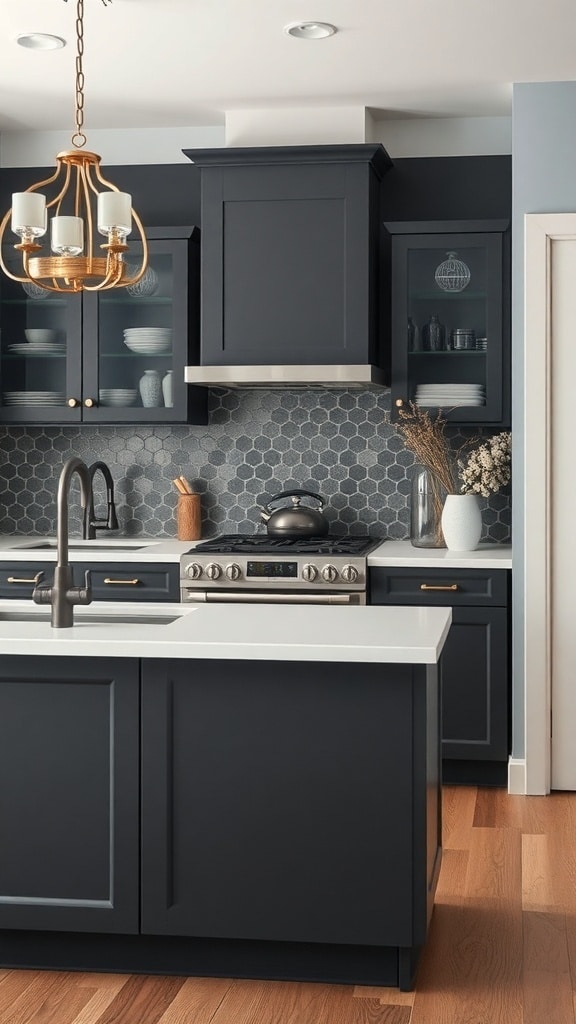 A modern kitchen featuring charcoal gray cabinets and white countertops, with gold accents and wooden flooring.