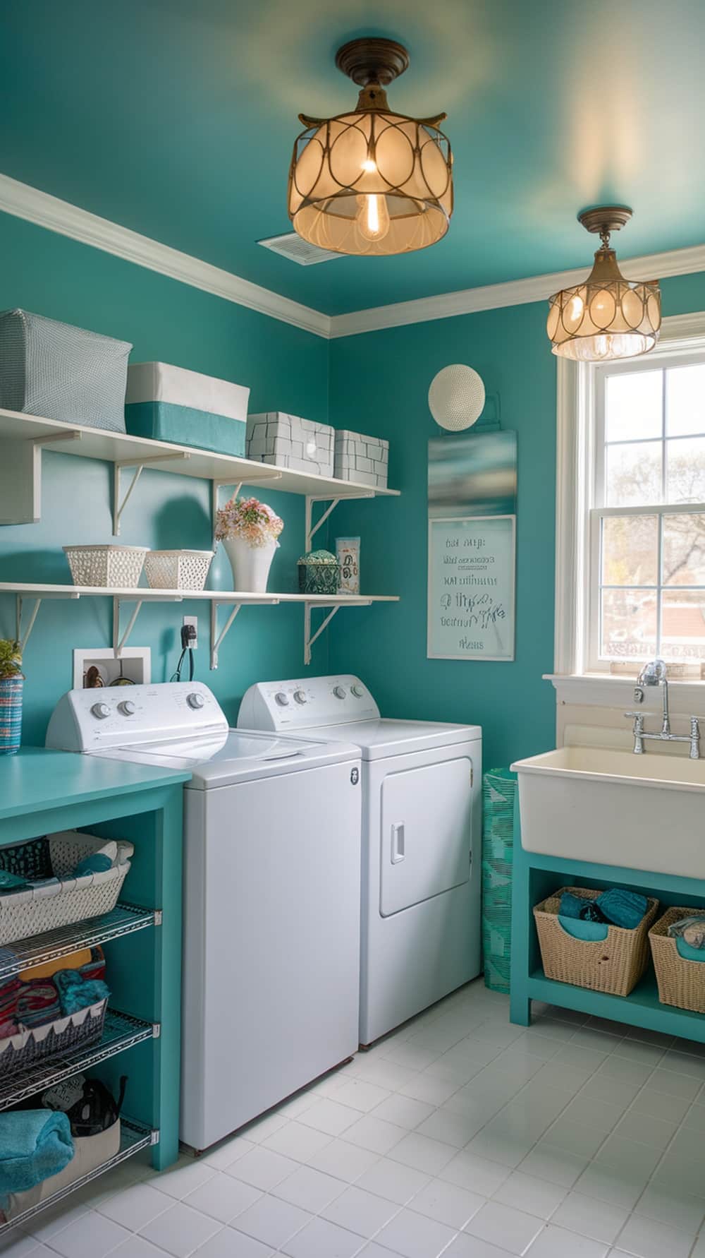 Bright teal laundry room with stylish light fixtures and natural light from a window.