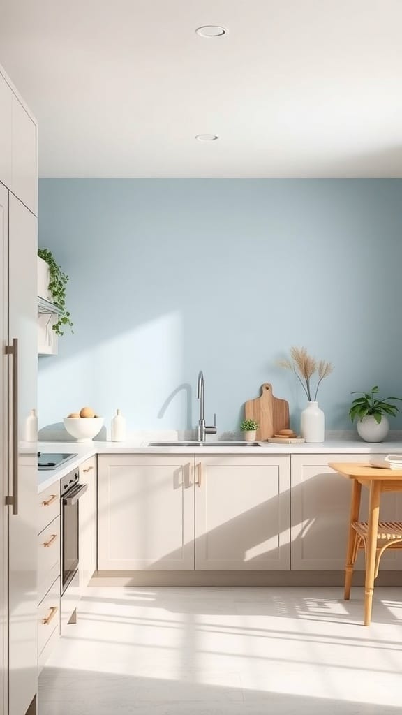 A serene kitchen featuring a soft blue accent wall, light cabinetry, and natural decor.