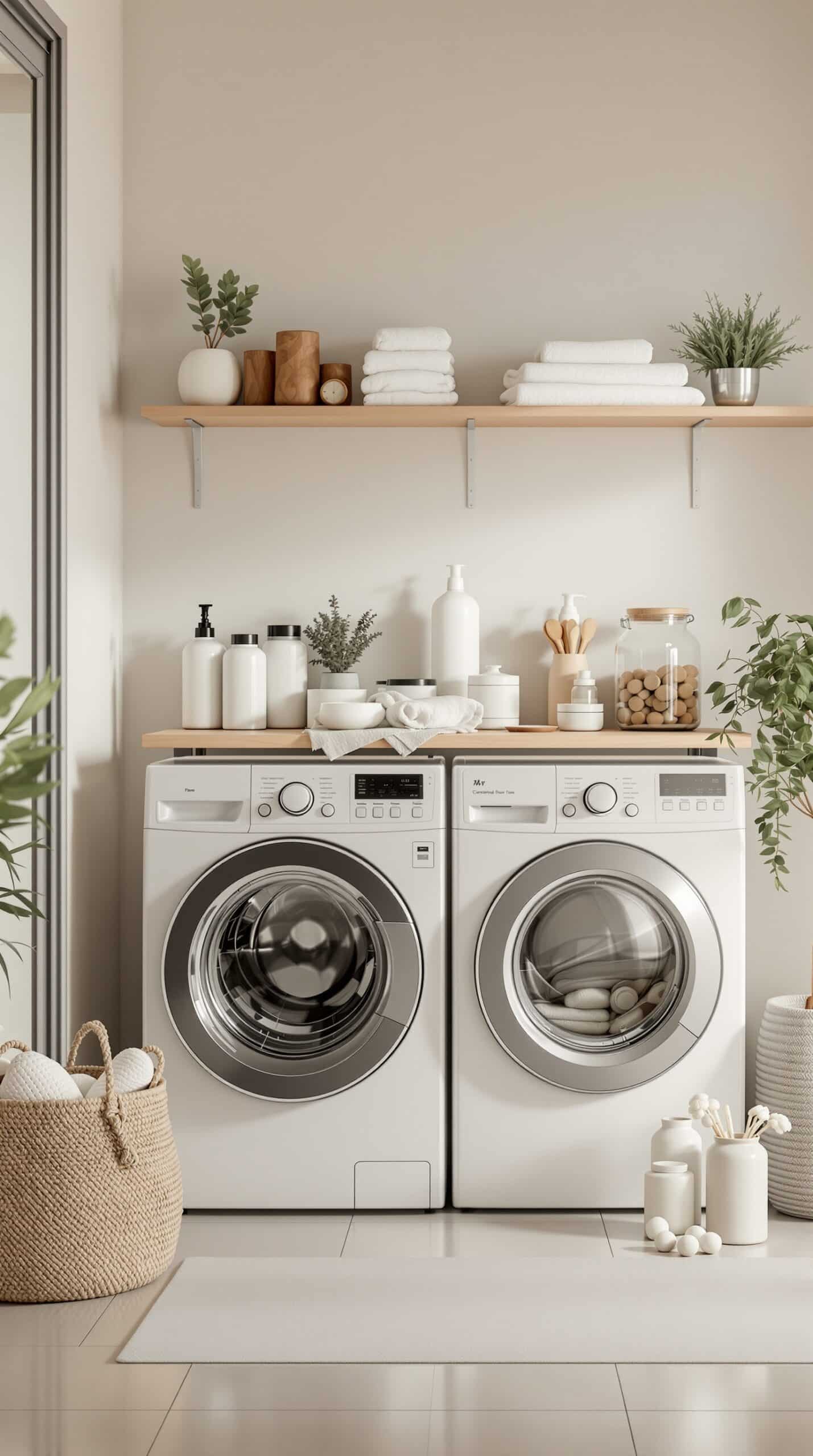 A minimalist greige laundry room featuring energy-efficient washing machines, natural decor, and plants.