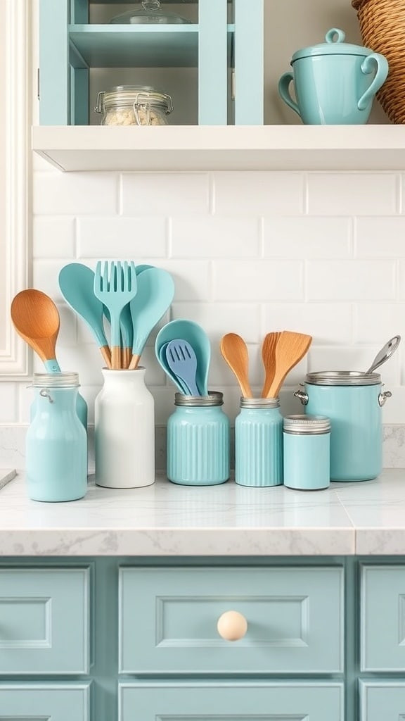 Teal kitchen accessories arranged on a countertop, including utensils and storage jars.