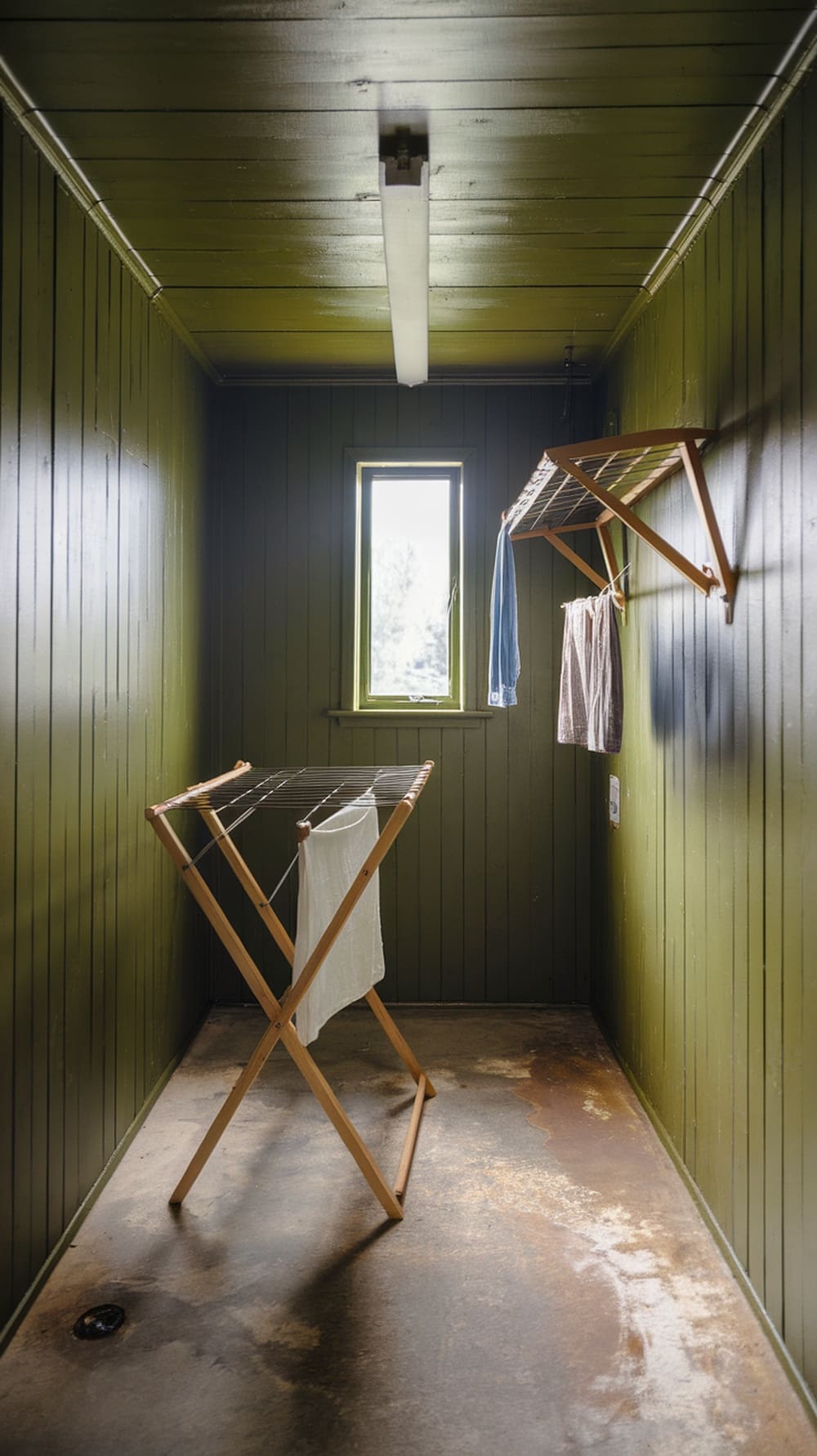 A stylish drying rack in a warm olive green laundry room with wooden accents.