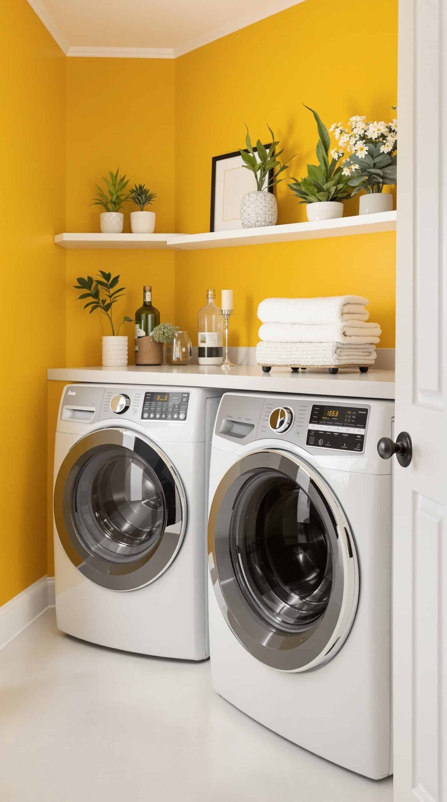 Laundry room with mustard yellow accent wall, white appliances, and decorative plants on shelves.