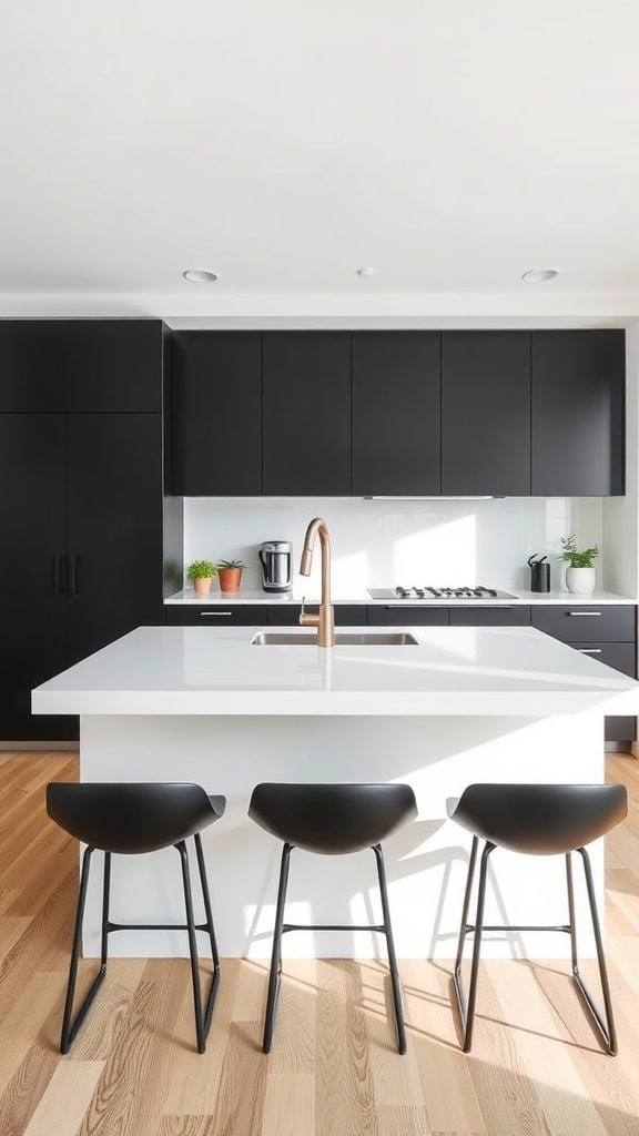 Stylish black bar stools in a modern black and white kitchen