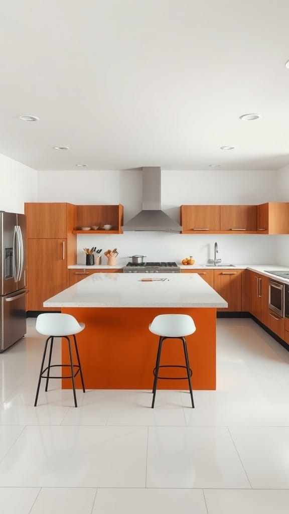 A modern kitchen featuring a rust orange island with white bar stools, wooden cabinets, and a sleek countertop.