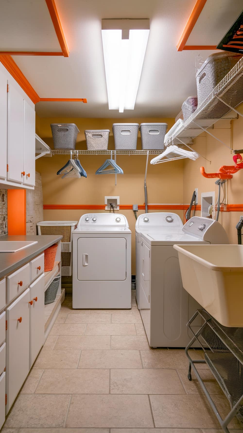 A bright and functional laundry room featuring white appliances, orange highlights, and organized shelving.