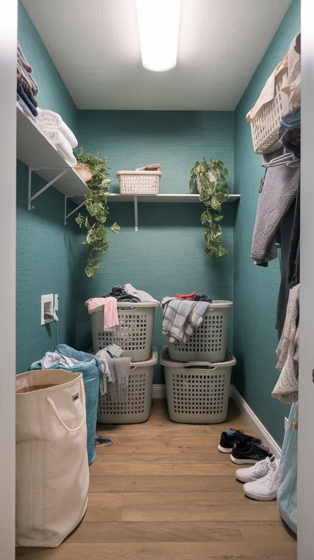 A cozy laundry room featuring textured teal wallpaper, wooden flooring, and laundry baskets.