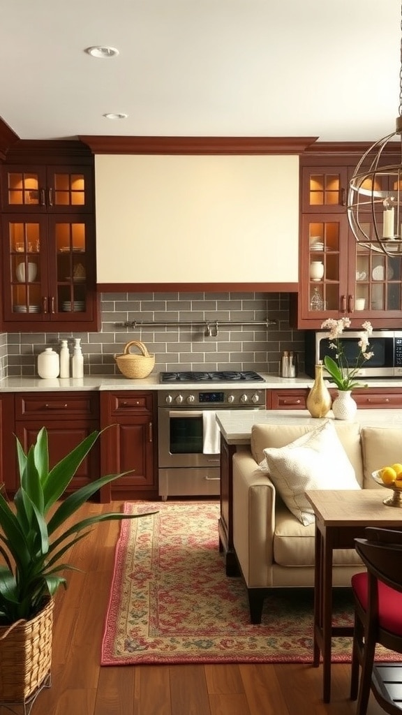 A kitchen featuring rich brown cabinets and creamy accents, with a cozy seating area and decorative plants.